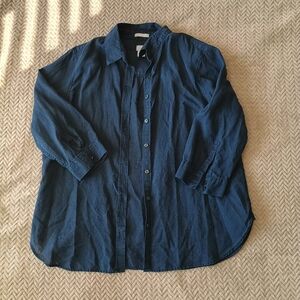 Chico's No Iron Linen Navy Blue 3/4 sleeve button up shirt size 2
